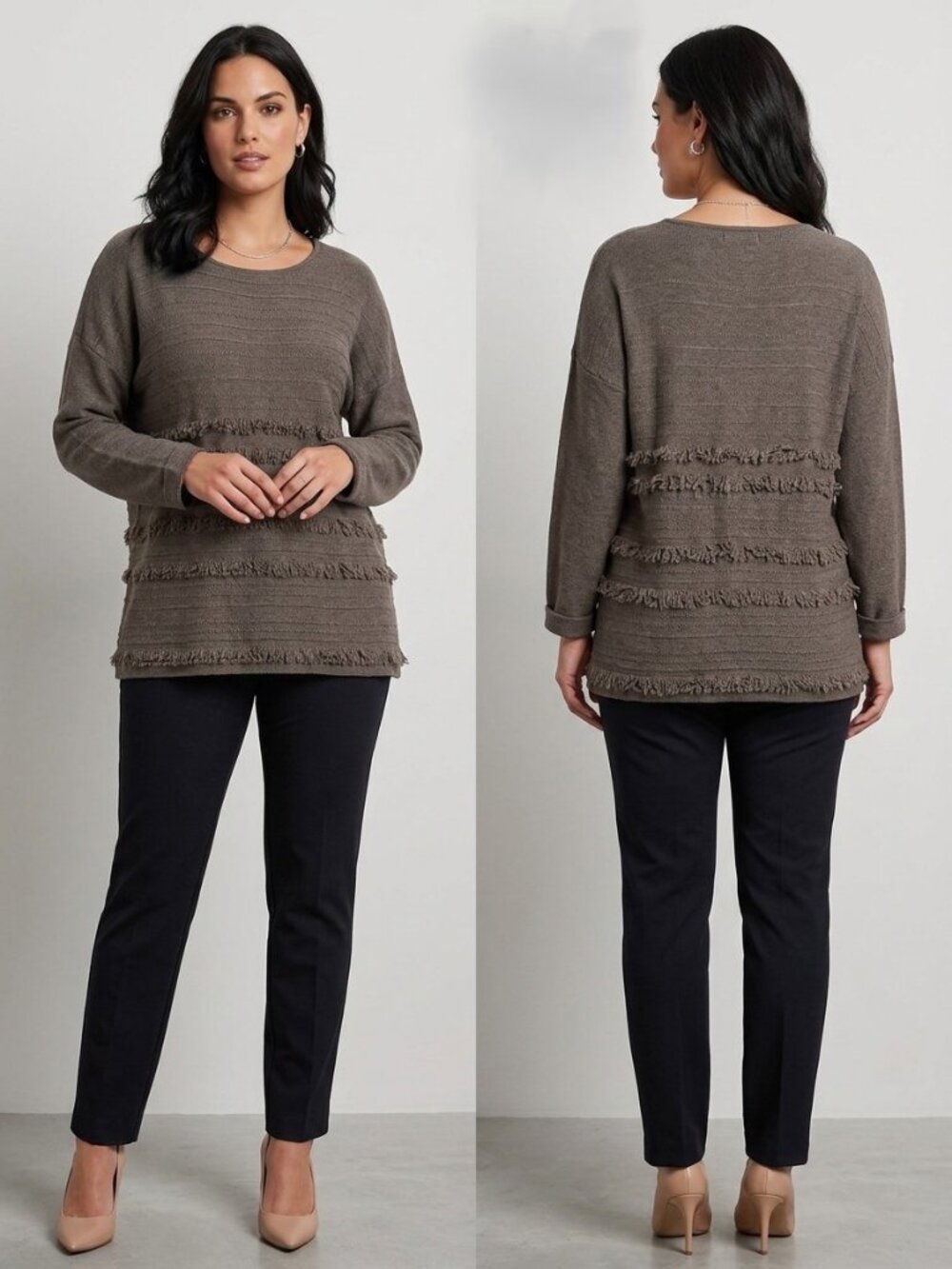 J.Jill Textured Fringe-Tiered Boat Neck Pullover Sweater Mocha Heather Boho XL